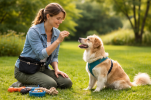 hondentraining met beloning waarbij eigenaar hond leert zitten