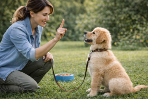 puppy training waarbij eigenaar jonge hond leert zitten